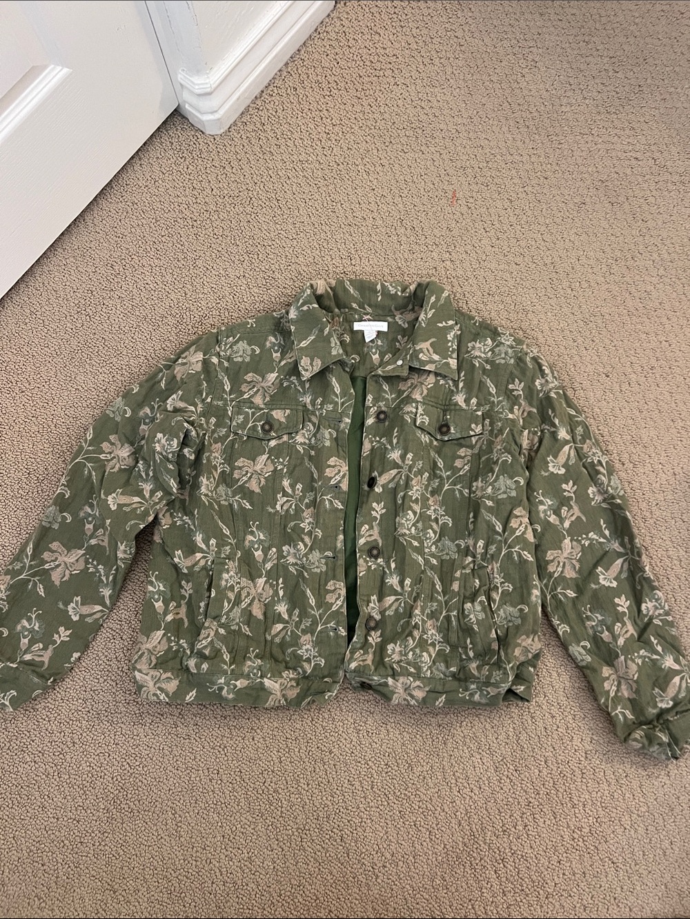 Charter Club Olive Green Floral Jean Jacket